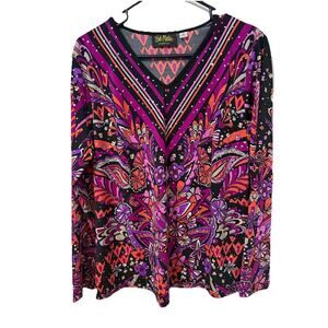 BOB MACKIE Wearable Art Women’s Blouse Floral Sequin Embellished Top Medium